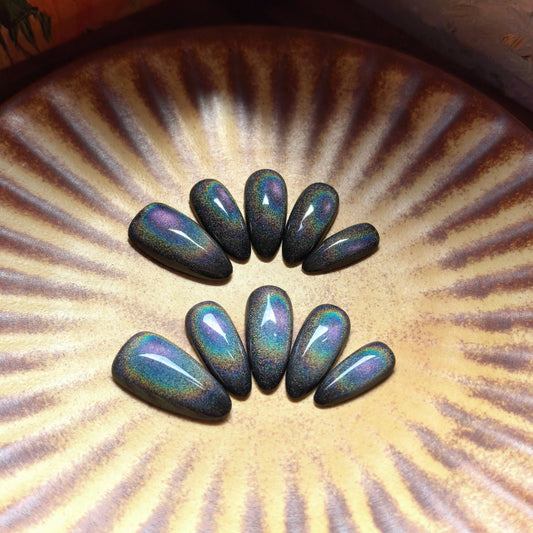 Holographic Solar Halo Cat Eye Black Press-On Nails
