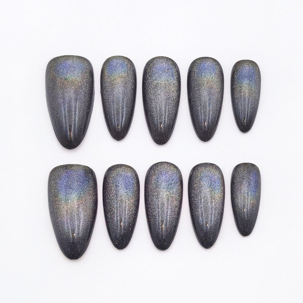 Holographic Solar Halo Cat Eye Black Press-On Nails