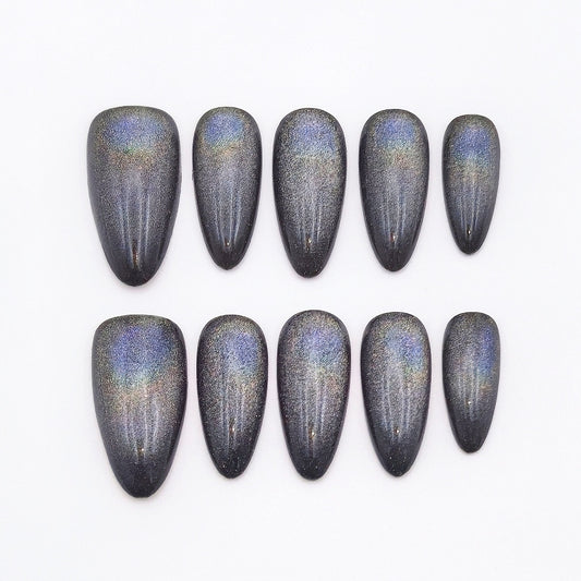 Holographic Solar Halo Cat Eye Black Press-On Nails