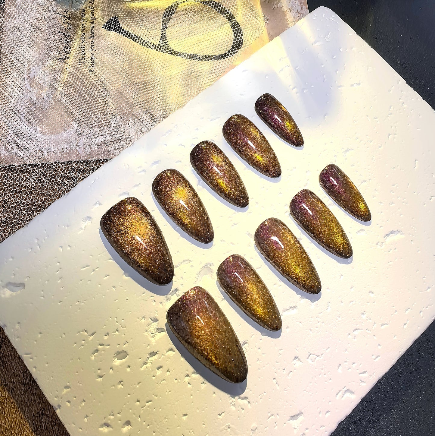 Iridescent Desert Sand Gradient Cat Eye Nails