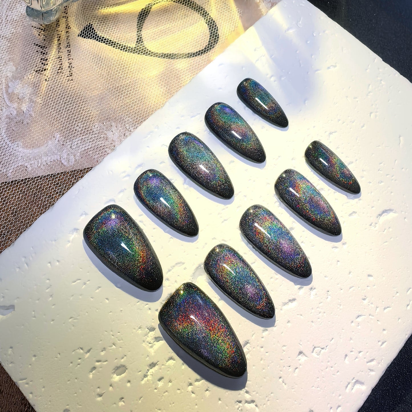 Holographic Solar Halo Cat Eye Black Press-On Nails