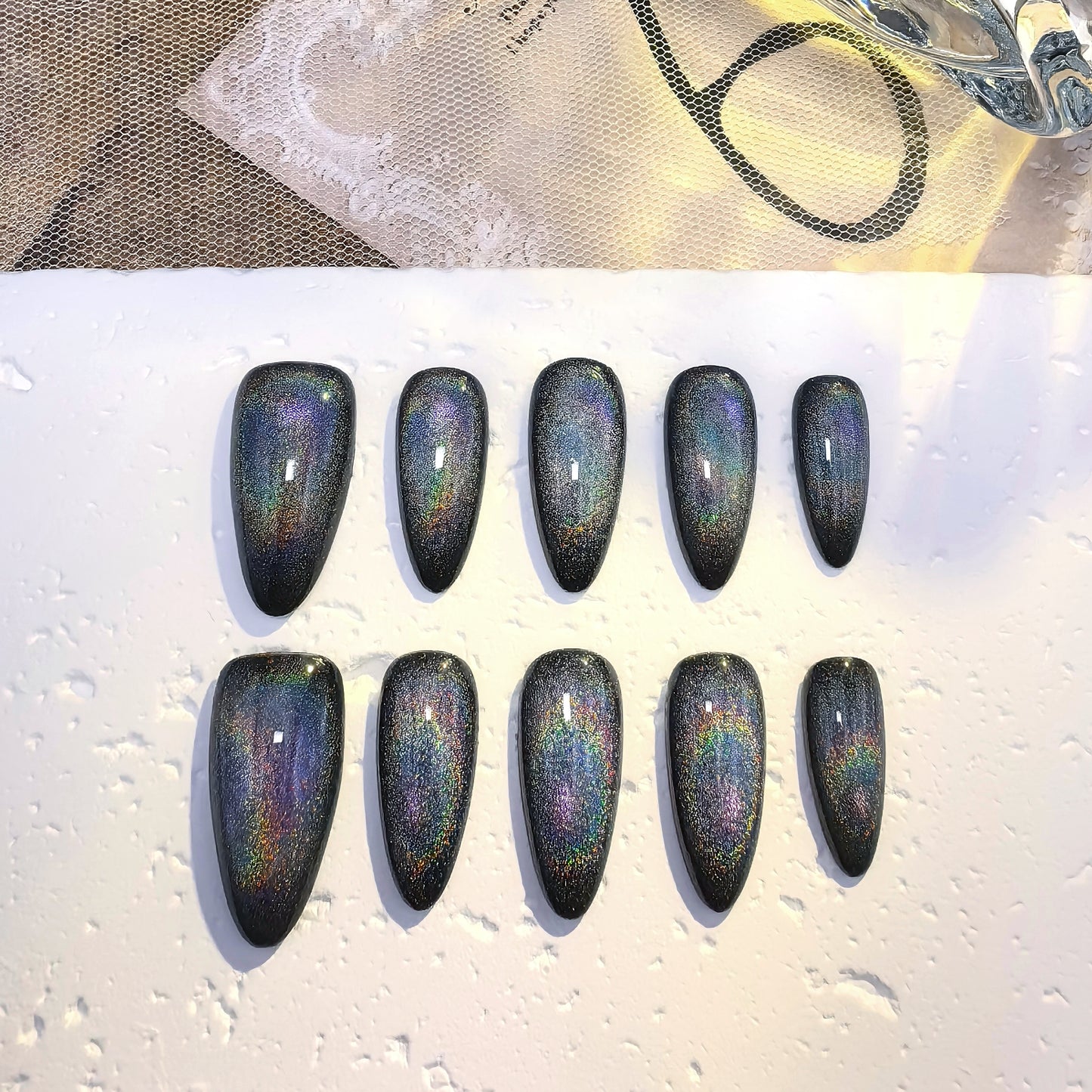 Holographic Solar Halo Cat Eye Black Press-On Nails
