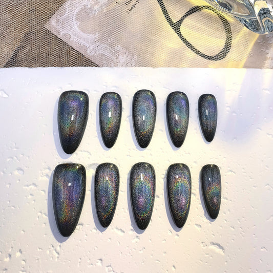Holographic Solar Halo Cat Eye Black Press-On Nails